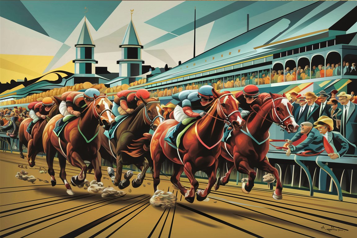 Create an image that captures the vibrant and bustling atmosphere of the Kentucky Derby in the unique Art Deco style of Tamara de Lempicka. Imagine a scene where sleek, stylized horses are racing fiercely towards the finish line, their muscular forms simplified into the smooth, flowing lines characteristic of Lempicka's work. The jockeys are poised and elegant, their bodies merging seamlessly with their mounts, depicted in a palette of bold, saturated colors. The background should feature the iconic twin spires of Churchill Downs, simplified into geometric shapes, under a bright, clear sky. Add a touch of glamour by including a crowd of fashionable spectators in the stands, their outfits and hats a nod to the 1920s elegance, rendered in Lempicka's signature polished and shiny style. The whole composition should exude the excitement and dynamism of the Kentucky Derby, encapsulated in Lempicka's modernist approach.
