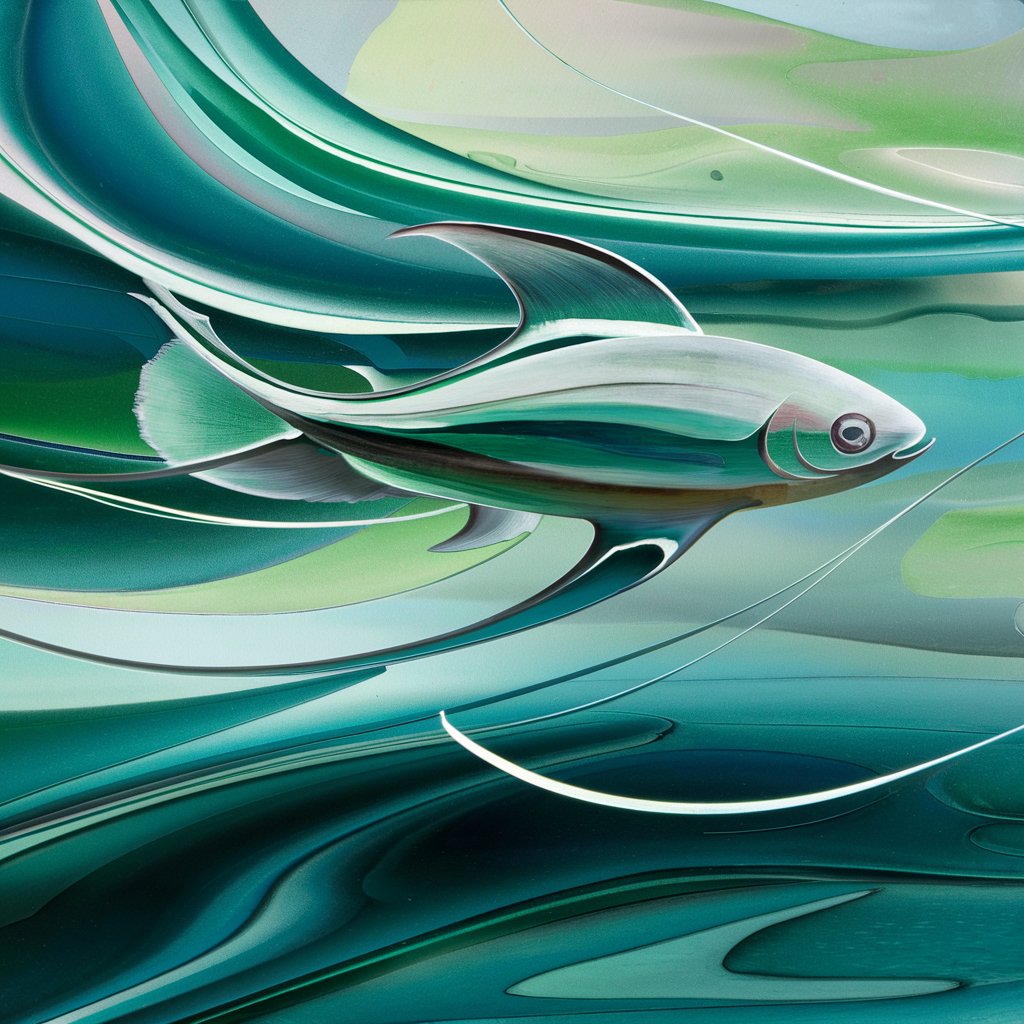 An abstract design of a fish swimming, using fluid lines and minimal detail.