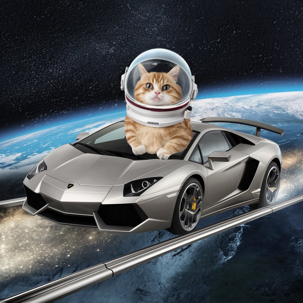 very fat ginger cat on a lamborghini going to the moon