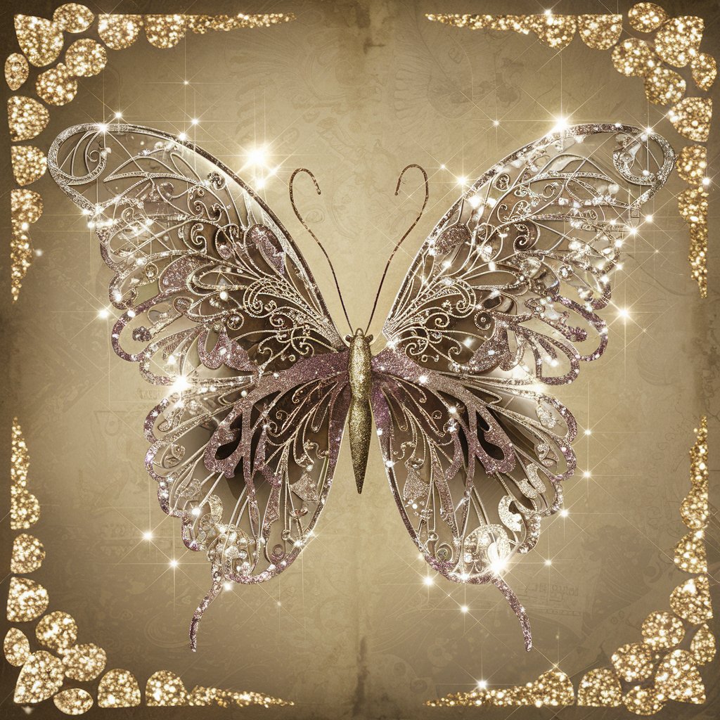 detailed wing butterfly, glitter, shine, sparkle, glowing, filigree, lacey, digital antique paper, glitter hearts 