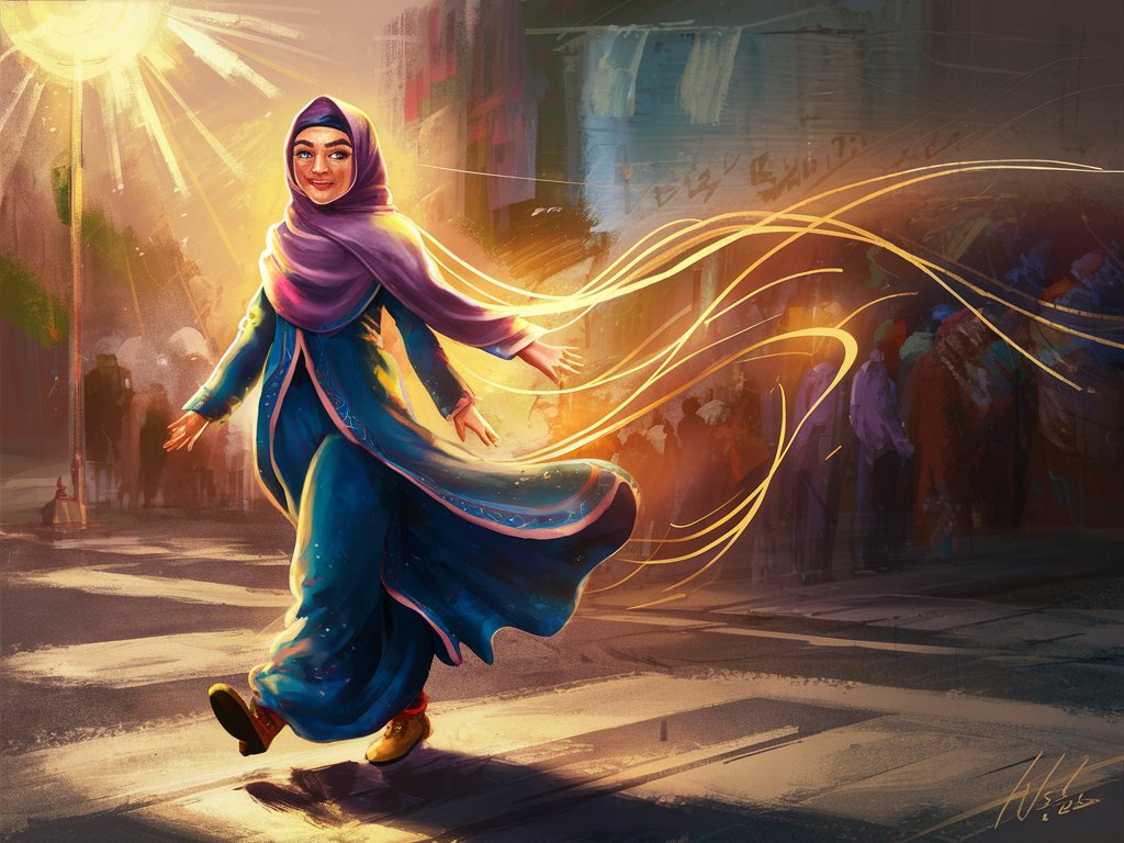Create a digital painting of a Muslim beautiful ethnic woman walking in the USA with a guiding light leading the way, symbolizing the promise of God's protection and provision in times of darkness and uncertainty.