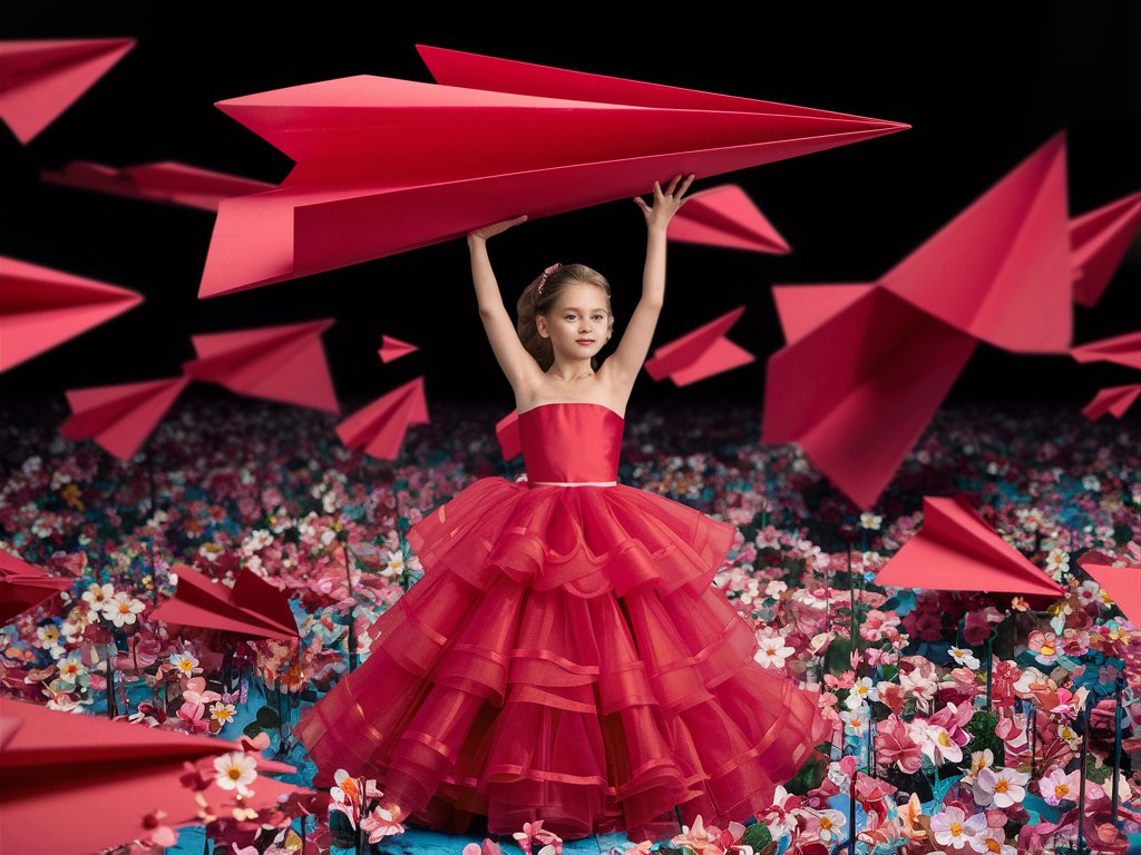 Girl holds in hands huge red paper plane above her head. Wearing red long sleeve multi-layered organza magnificent floor-length dress. In pop flower field among huge red paper planes