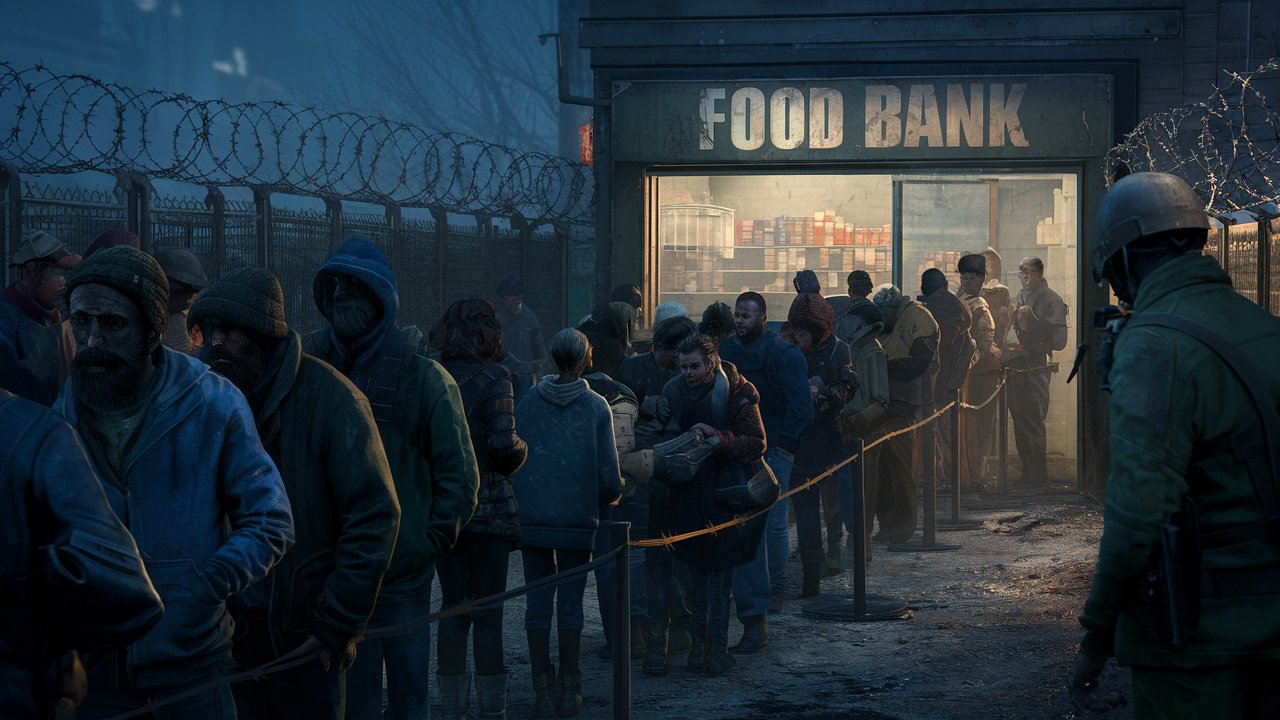the last of us, people waiting in queue in front a guarded food bank