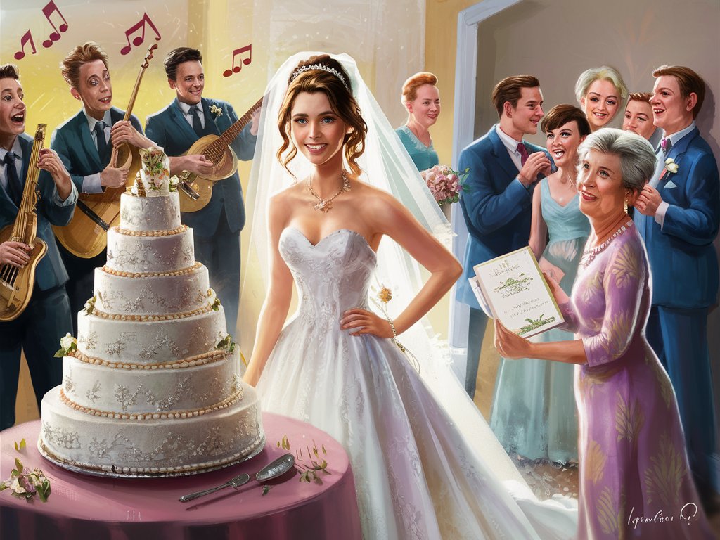 This is a wedding. There is a lovely bride standing next to the wedding cake. There is a wedding band playing music. In the cornere there are guests. Bride's mother is holding a wedding invitation