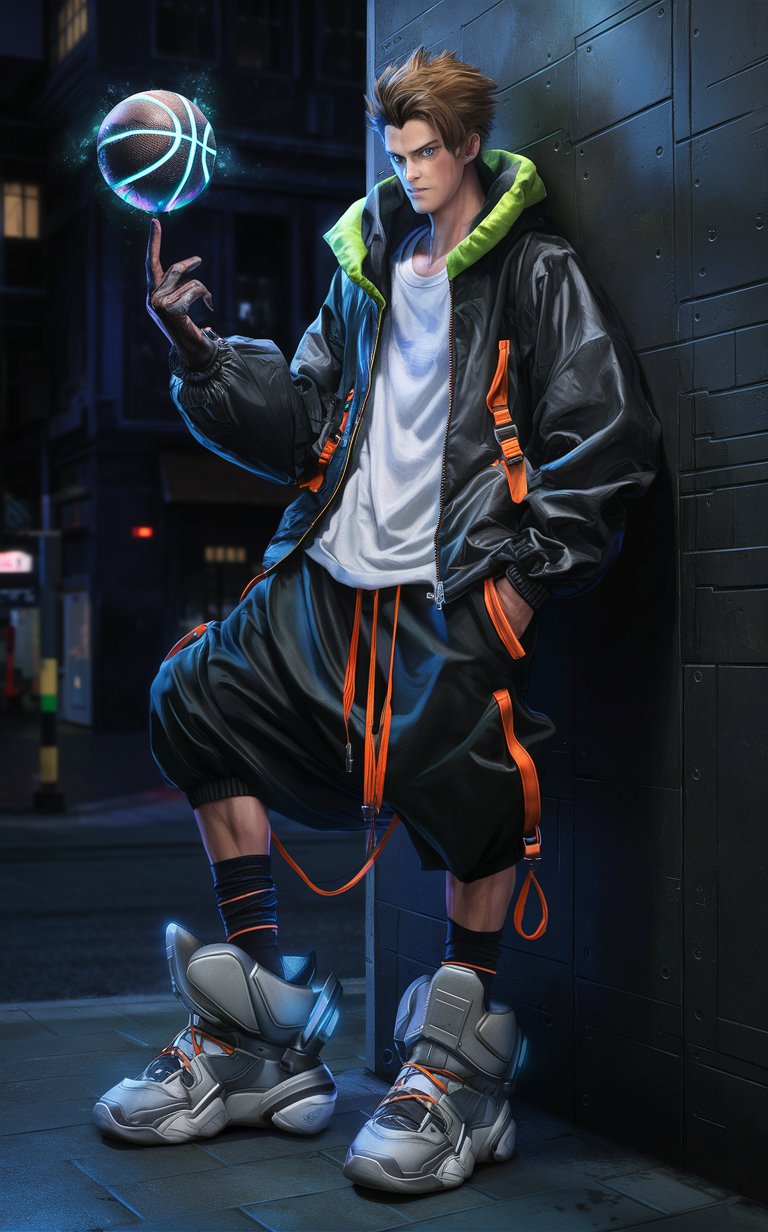 Cyberpunk Edgerunner Basketball Player in Dystopian Nighttime Alley