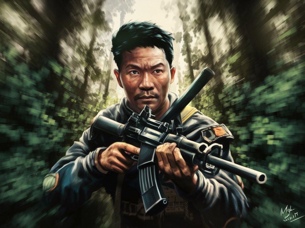 a man holding a rifle in a forest, a character portrait, inspired by Rudy Siswanto, sumatraism, official product photo, style kim jung gi, miltary, mark edward fischbach