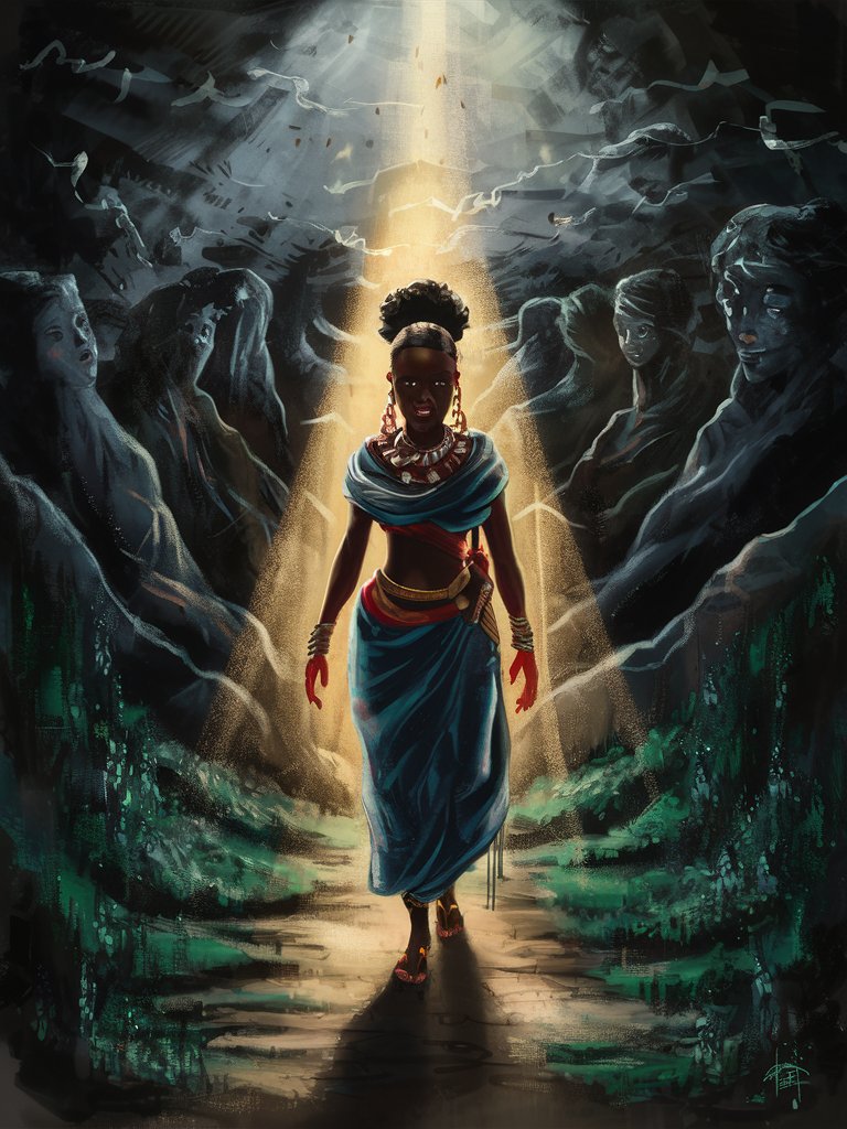 a stylized digital painting of a beautiful ethnic woman walking through a valley of shadows with a guiding light leading the way, symbolizing the promise of God's protection and provision in times of darkness and uncertainty.
