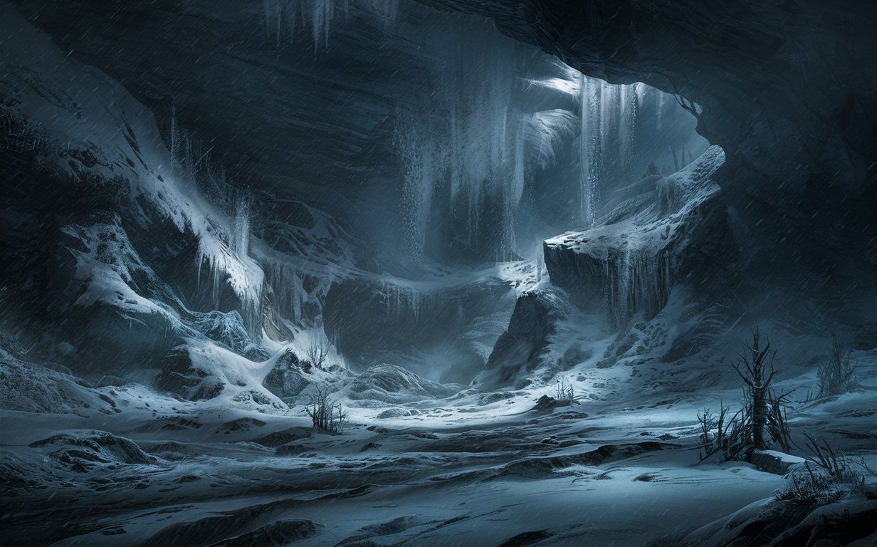 Subterranean Blizzard Landscape Endless Snowscape in Underground Cavern