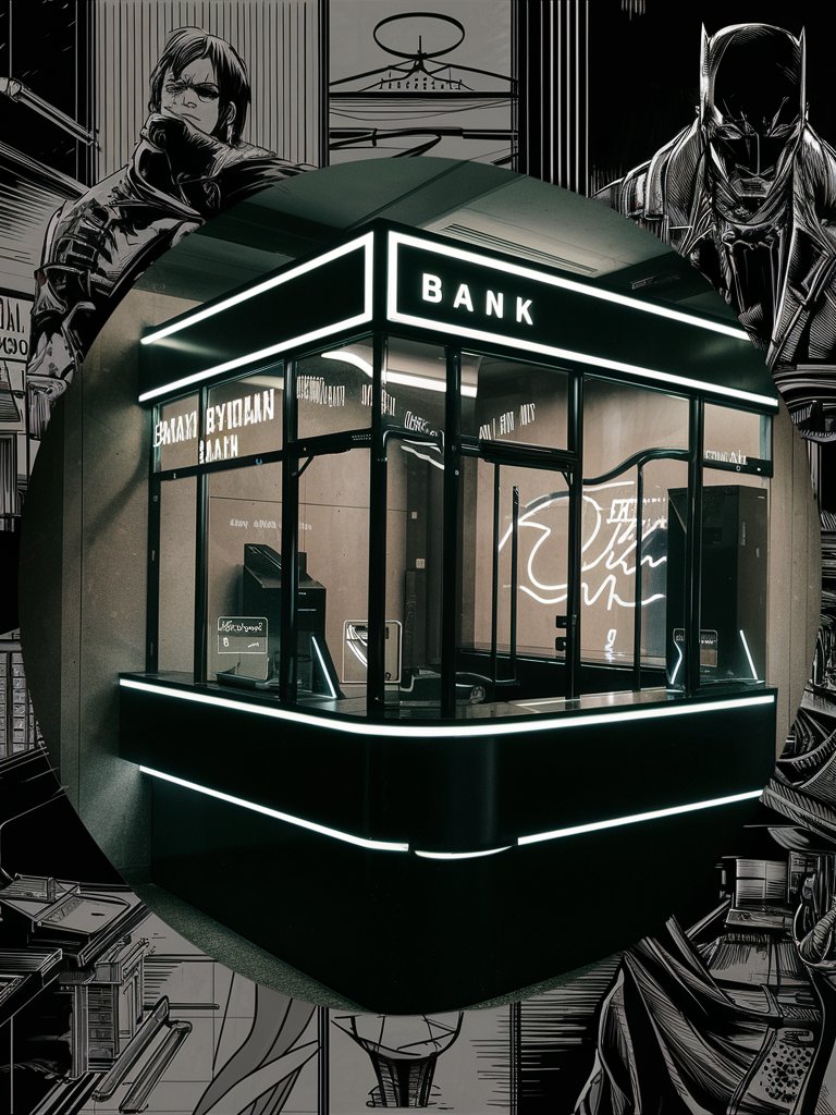 Realistic 35mm photograph, design an interior view of a Bank counter , inspired by githam batman game's, manga Lineart 
