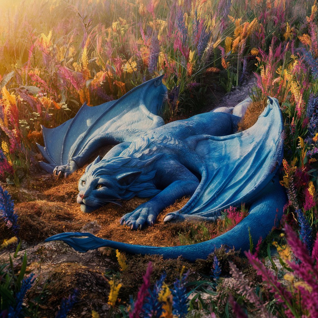 burial of a myth in a fantasy world in a colorful flower field, realistic style . Majestic blue feline somewhere near