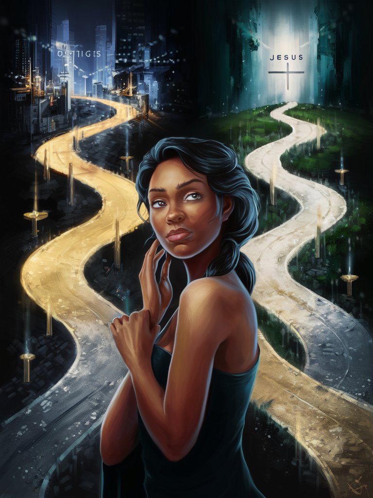 A thought-provoking digital painting showing a beautiful ethnic woman standing before two roads diverging in different directions, one leading towards a vibrant and alluring cityscape filled with temptations and materialistic desires, while the other path is less traveled but illuminated by a serene and divine light symbolizing Jesus' guidance and grace. The woman's expression reveals her inner struggle as she weighs the consequences and rewards of each choice before embarking on her journey.