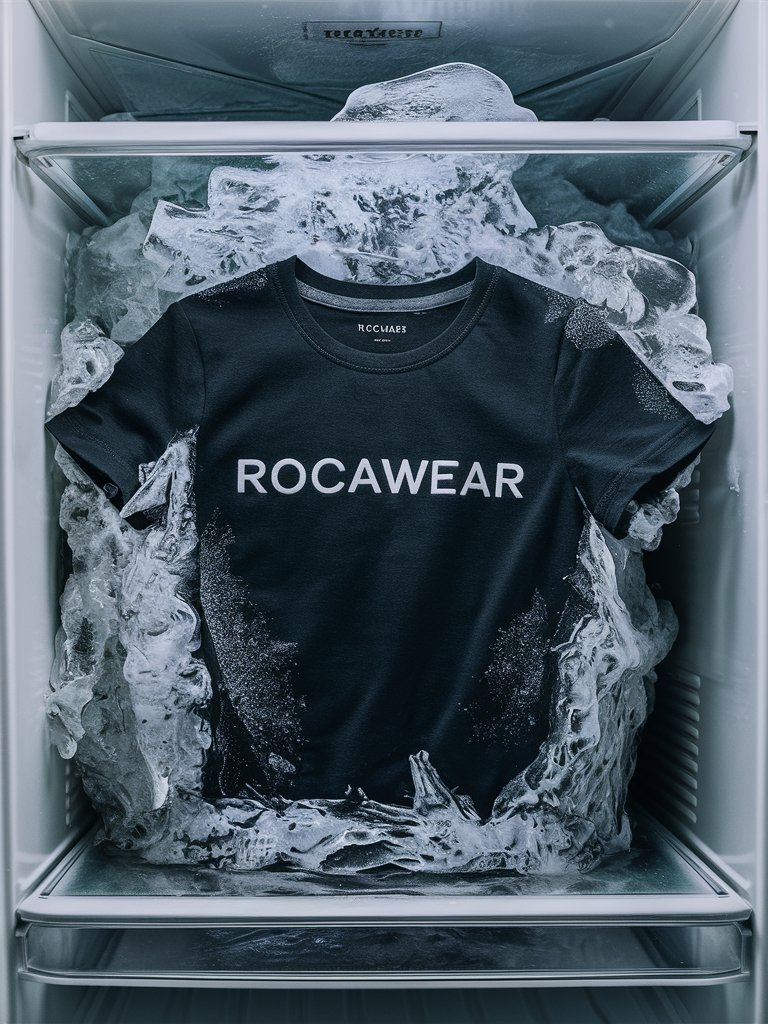 一件带有ROCAWEAR字母标志的纯黑色短袖T恤被冰冻在冰箱里面