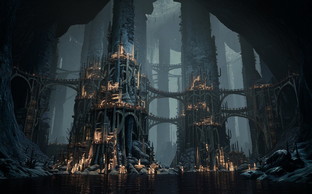 Low fantasy buildings and bridges built at the sides of massive natural pillars that reach the roof of the cave inside a giant dark cave and surrounded by black water. There are a lot of structures at the bottom of the columns, near the water.