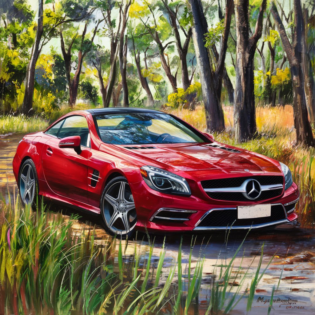 2014 Mercedes benz sl400, red, woodland, long grass, in style of impressionist painting..
