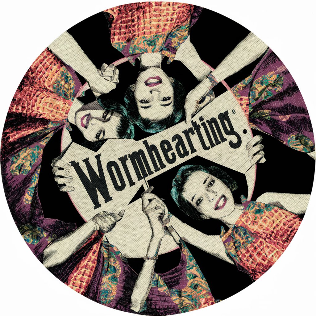 circle design, 1960s halftone print three women holding a sign low that says "wormhearting"

