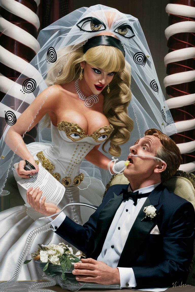 Photo wedding ceremony, decorated with spirals ,  beautiful busty female gold digger wedding dress, gloves, veil detailed hypnotic eyes, spiral necklace, big diamond rings, long flowing blonde hair,  Contract in hand, leans over handsome male ceo groom with feeding tube, in tux, hypnotized, sultry, seductive.  Realistic
