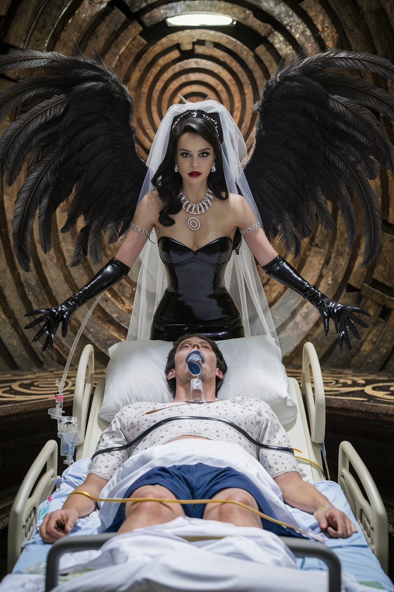 Laboratory, lair decorated in spirals, vials of milky liquid, Beautiful, sultry, busty succubus bride, large feathery wings, black latex wedding dress,, gloves, veil, detailed eyes, spiral necklace, big diamond rings, long flowing dark hair, leans over male groom in tux, lying on hospital bed, full body, feeding tube running from thighs to mouth, full-body over handsome male, groom,, hypnotized, sultry, seductive. Realistic