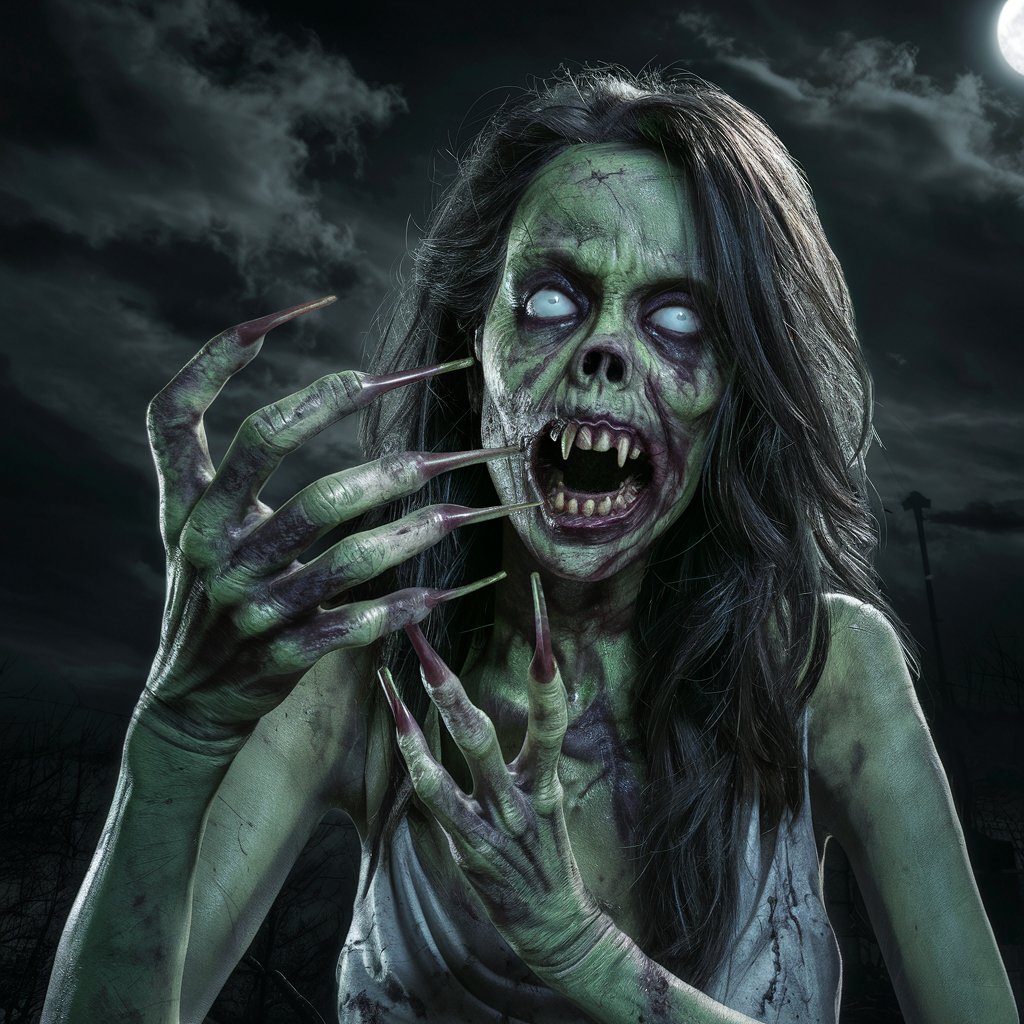 rotten skin hungry terrible zombie woman with long curved pointed nails protruding from her fingers like menacing claws, her mouth is threateningly open exposing pointed teeth resembling fangs, at night in a dark