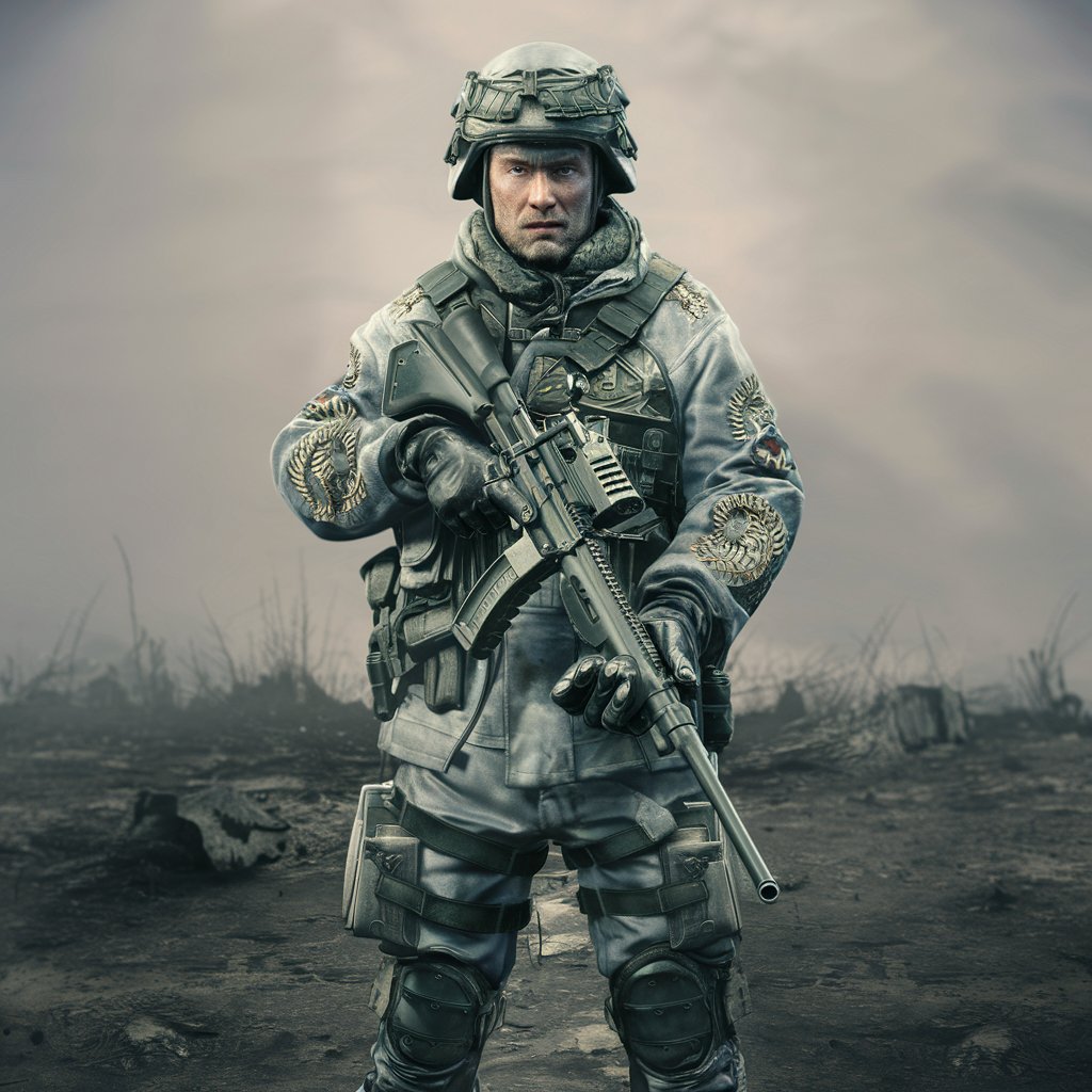 Hyperrealistic Ukrainian Sniper Holding Rifle in Fulllength Portrait