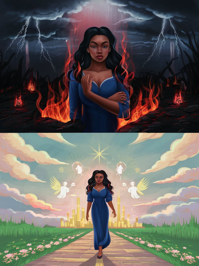 Generate two contrasting scenarios a digital painting of one showing a beautiful ethnic woman  lost in the darkness of sin, depicted surrounded by flames of temptation and despair, and another showing a beautiful ethnic woman walking on a path of righteousness, illuminated by a guiding light and surrounded by symbols of goodness, purity, and faith.