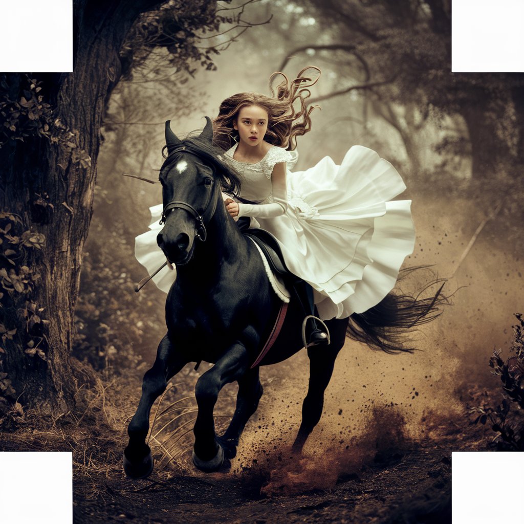 A beautiful girl in a white dress galloping her beautiful black horse, fleeing into the woods, wild, danger, detailed, cinematic style