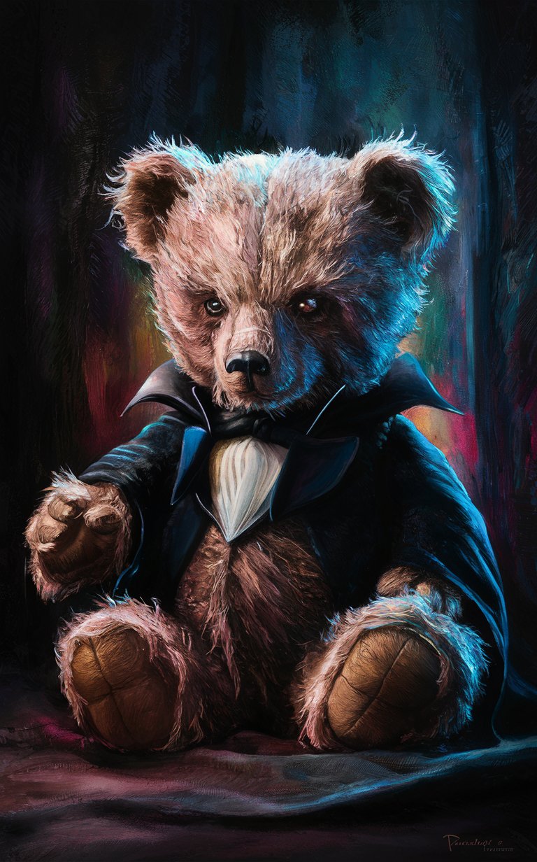 16k4d art rfktrstyle complex 'Dracula Teddy' bear,  (natural Pose), perfect form, perfect composure, perfect form,Studio Photography, Scary Creepy (Grisly) Ominous, Painted with Vibrant Oils, (Illustration)