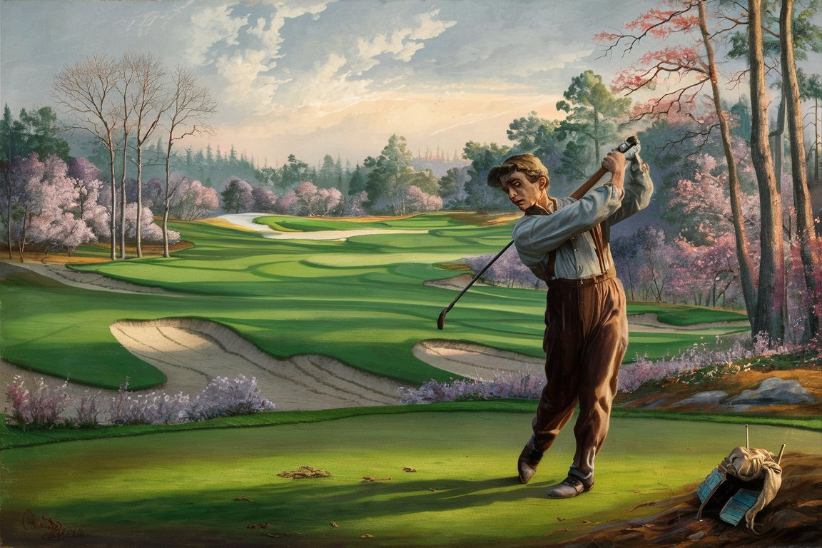 Imagine an oil painting by Winslow Homer depicting the iconic Augusta National golf course, rendered in his characteristic Realist style infused with touches of American Impressionism. The setting is an early spring morning, capturing the fresh, vibrant greens of the freshly manicured fairways contrasted against the soft, muted tones of the distant pines and flowering dogwoods.

In the foreground, a lone golfer, depicted with a robust and focused demeanor, takes a deliberate swing. His attire is traditional and understated, capturing the era’s style with a loose-fitting shirt and trousers. The golfer's motion is frozen at the moment of impact, with a dynamic expression of concentration and physical exertion. The golf club is slightly blurred, suggesting movement and the swift force of the swing.

The background features the gentle undulations of the course, with shadows and light playing across the scene as clouds drift lazily in a softly brushed sky. The azaleas, in full bloom, provide bursts of pink and white, enhancing the painting’s depth and adding a chromatic contrast to the predominant greens and earth tones.

This painting would not just depict a sporting scene but also evoke the tranquil yet invigorating atmosphere of Augusta National, capturing the essence of the landscape and the moment of solitude and focus in the sport of golf, all rendered in Homer’s fluid and expressive brushwork.
