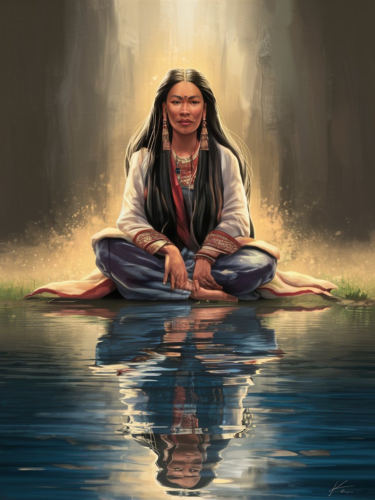 A digital painting of a beautiful ethnic woman sitting by a lake, her reflection mirrored in the calm waters. The scene is bathed in a soft, golden light that imbues the painting with a sense of spiritual presence and connection to the natural world.