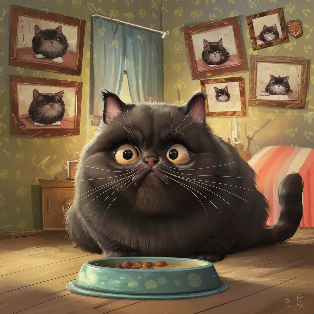 Big fat black cat with big round watery eyes staring at an empty food dish. There are pictures on the wall of the car as a kitten growing up and getting progressively fatter.