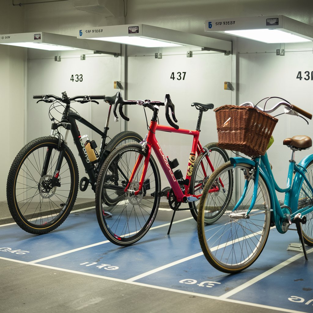 на велосипедной парковке стоит три велосипеда. на каждом парковочном месте номер велосипеда. каждый велосипед на своем месте
