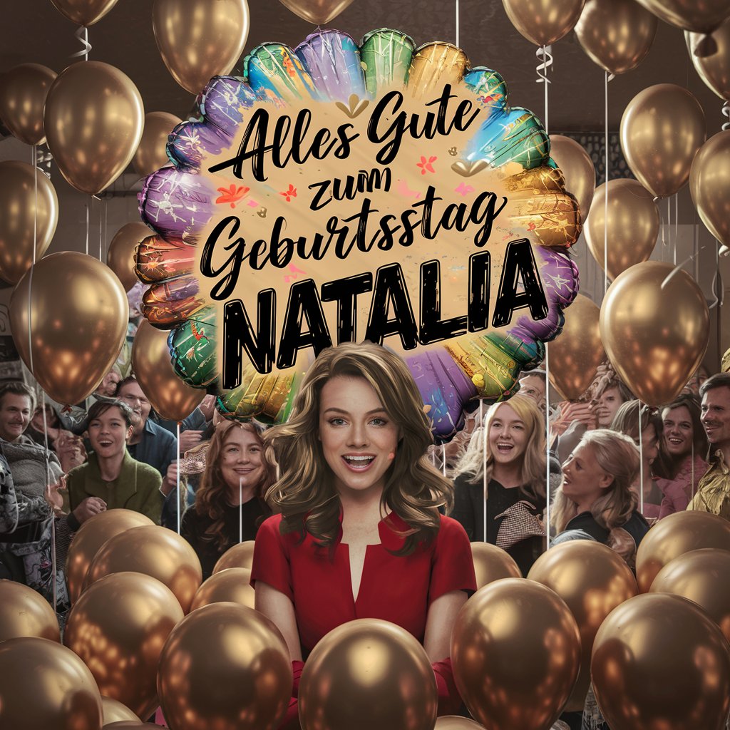 Text "alles gute zum Geburtstag Natalia", viele goldene Luftballons und viele Menschen im Hintergrund, Digitalart