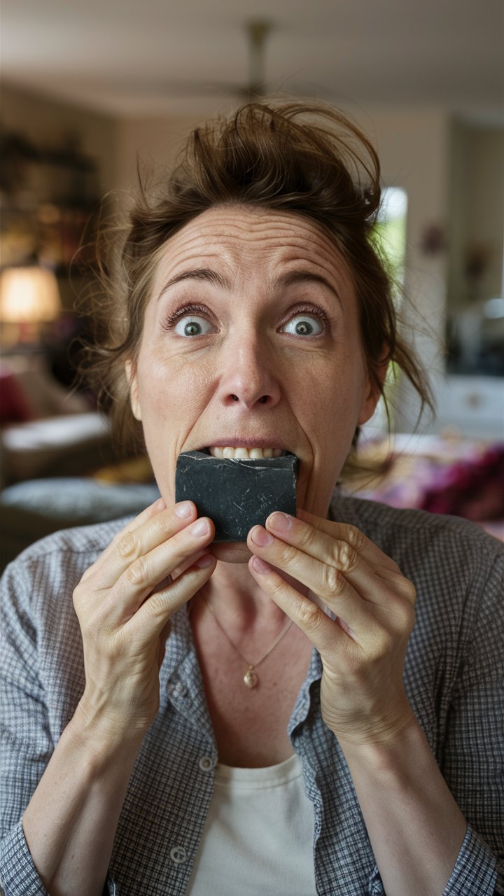 A very shocked and surprised woman with a block of black soap in her mouth. 









 


 




 
