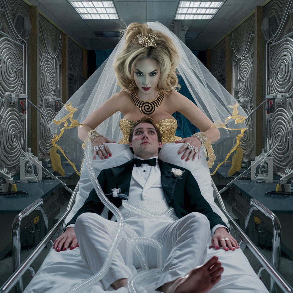 laboratory, decorated in spirals, vials of milky liquid, busty gold digger bride, gold wedding dress,, gloves, veil detailed hypnotic eyes, spiral necklace, big diamond rings, long flowing blonde hair, leans over male groom in tux, lying on hospital bed, full body, feeding tube running from thighs to mouth, full-body over handsome male, groom,, hypnotized, sultry, seductive. Realistic