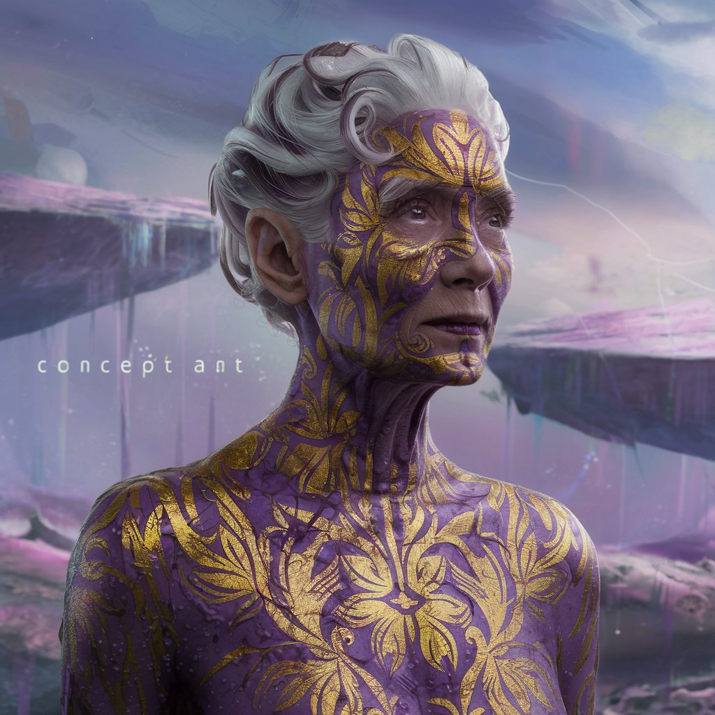 Wet ink. Concept art of an elderly woman with with a floral pattern skin in gold and purple