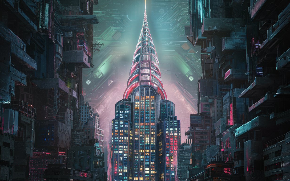 Chrysler Building New York in the cyberpunk style,(neon lighting,Giger-style abandoned world location);(epic, epic detail, masterpiece, best quality, photorealistic, ultra-high detail)