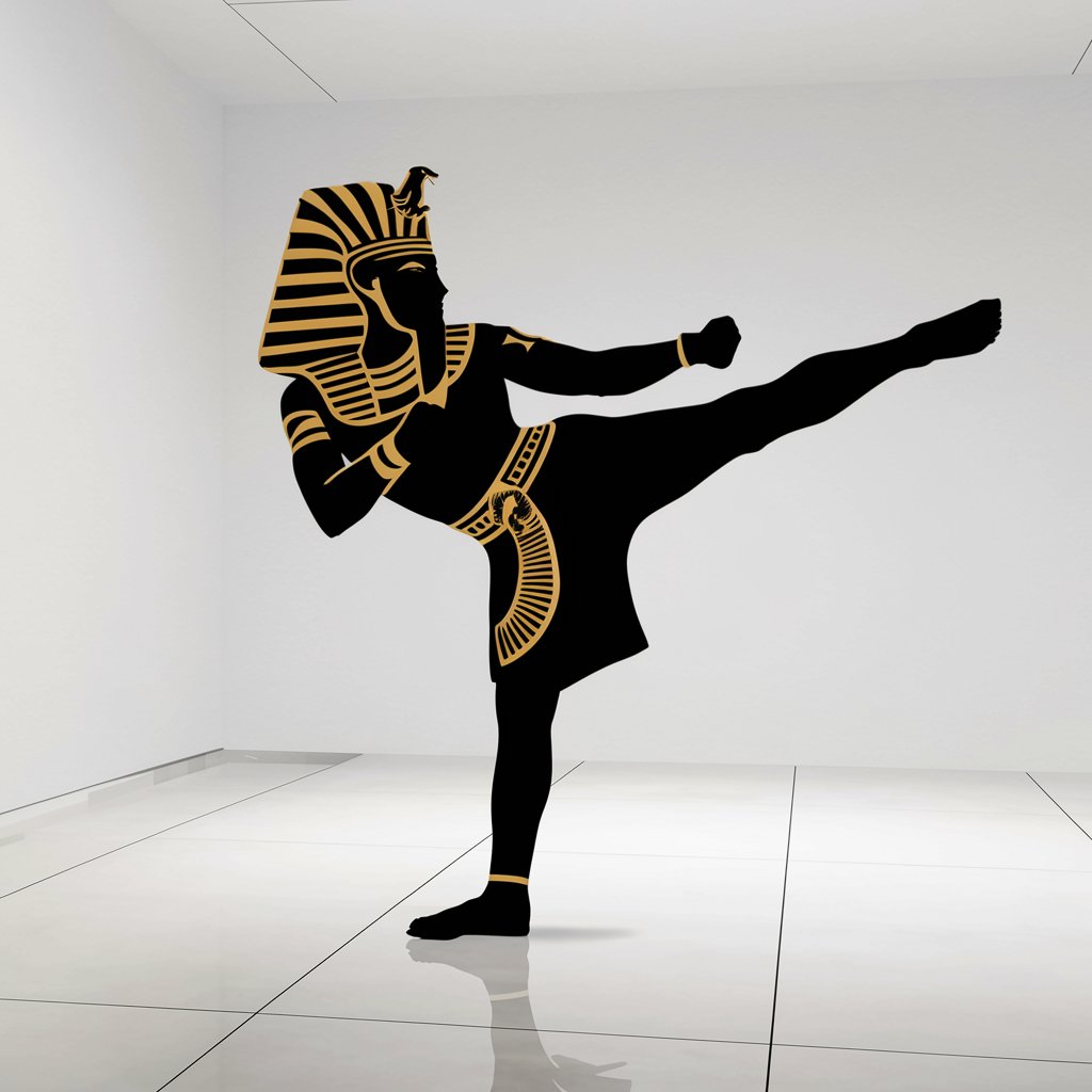 create a silhouette of a Pharoah conducting a karate step through front stance high punch kick to the right side on a white background for a logo