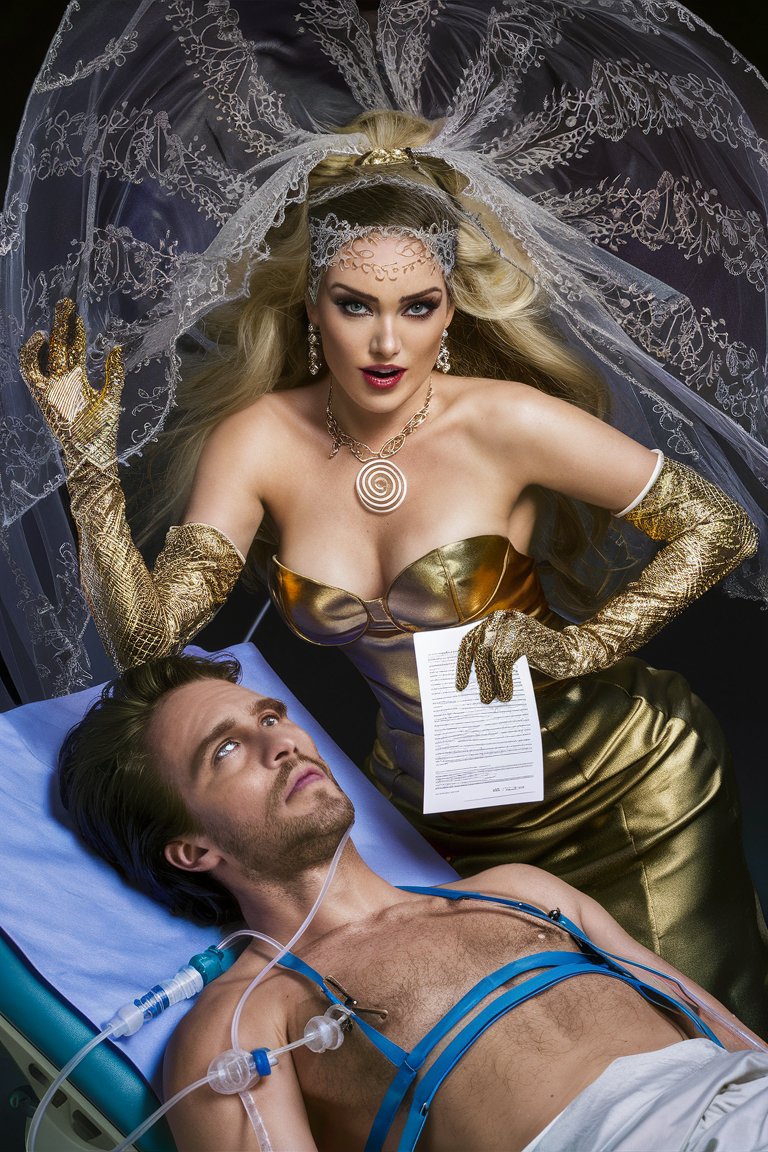 Photo wedding ceremony, decorated with spirals ,  beautiful busty female gold digger wedding dress, gloves, veil detailed hypnotic eyes, spiral necklace, big diamond rings, long flowing blonde hair,  Contract in hand, leans over handsome male patient, feeding tube in mouth, strapped to medical table, sultry, seductive.  Realistic