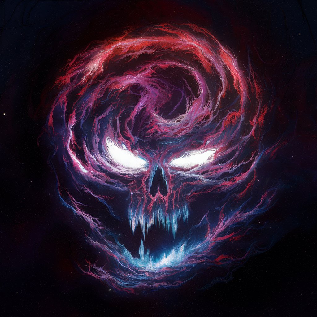 glowing art image of deep space, skull-nebula, red and purple and blue brilliant colors