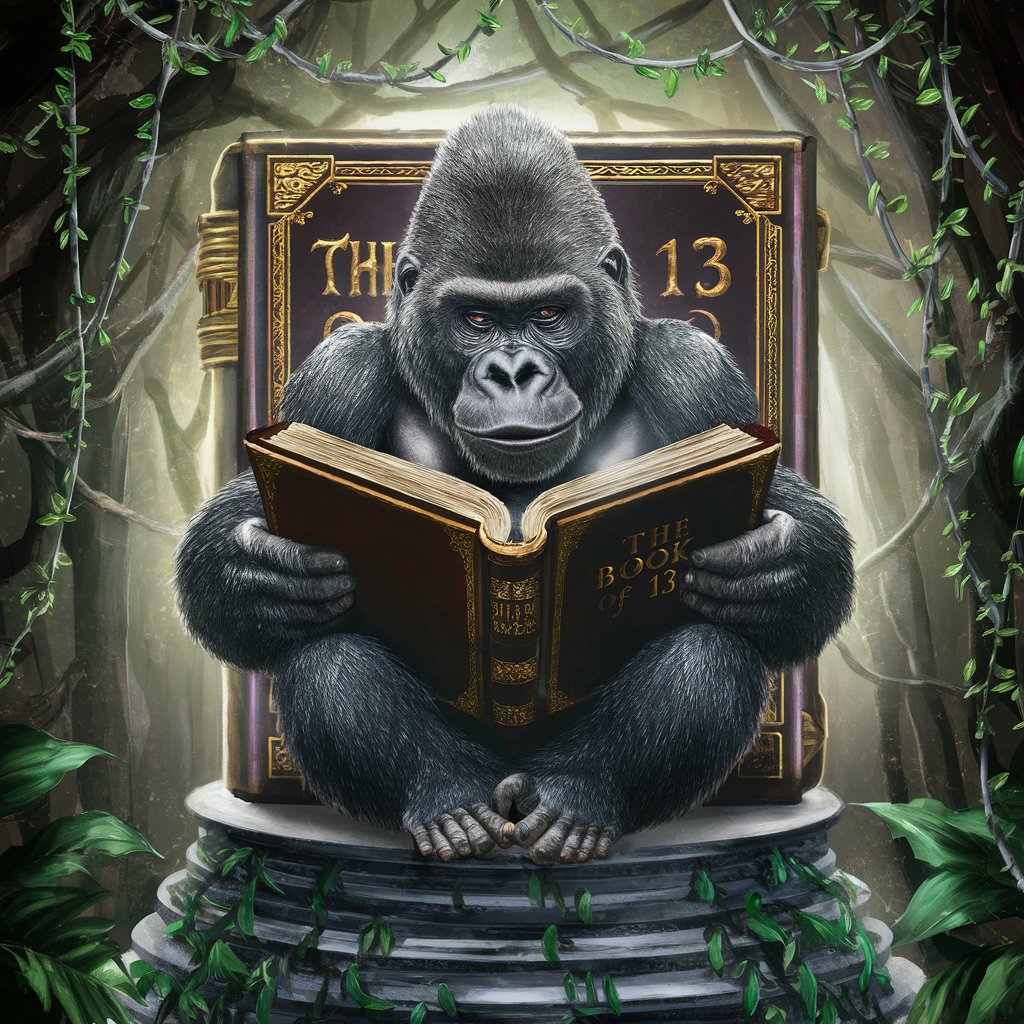 Gorilla reading the book of 13, book title should display "The BOOK of 13". the Gorilla looks smart, does not wear clothes
