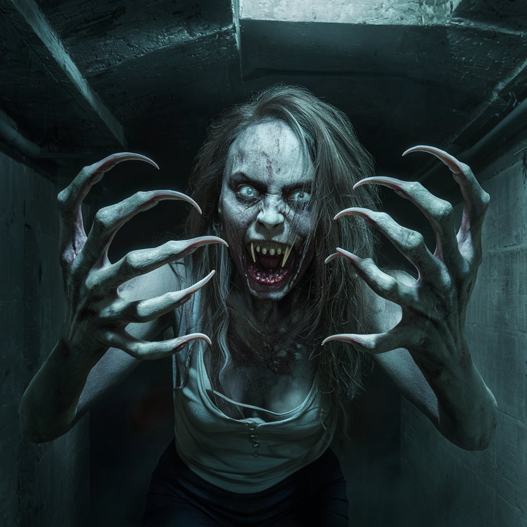 photorealistic  hungry terrible rotten zombie woman with long curved pointed nails on each of the five fingers like menacing claws, her mouth is threateningly open exposing pointed teeth resembling fangs, at night in a dark, scene inside basement she attacking, hyper-realism, cinematic, high detail, photo detailing, high quality, photorealistic, terrifying, aggressive, bloodlust, sharp fangs, dark atmosphere, realistic, detailed nails, horror, atmospheric lighting, full anatomical. human hands, very clear without flaws with five fingers