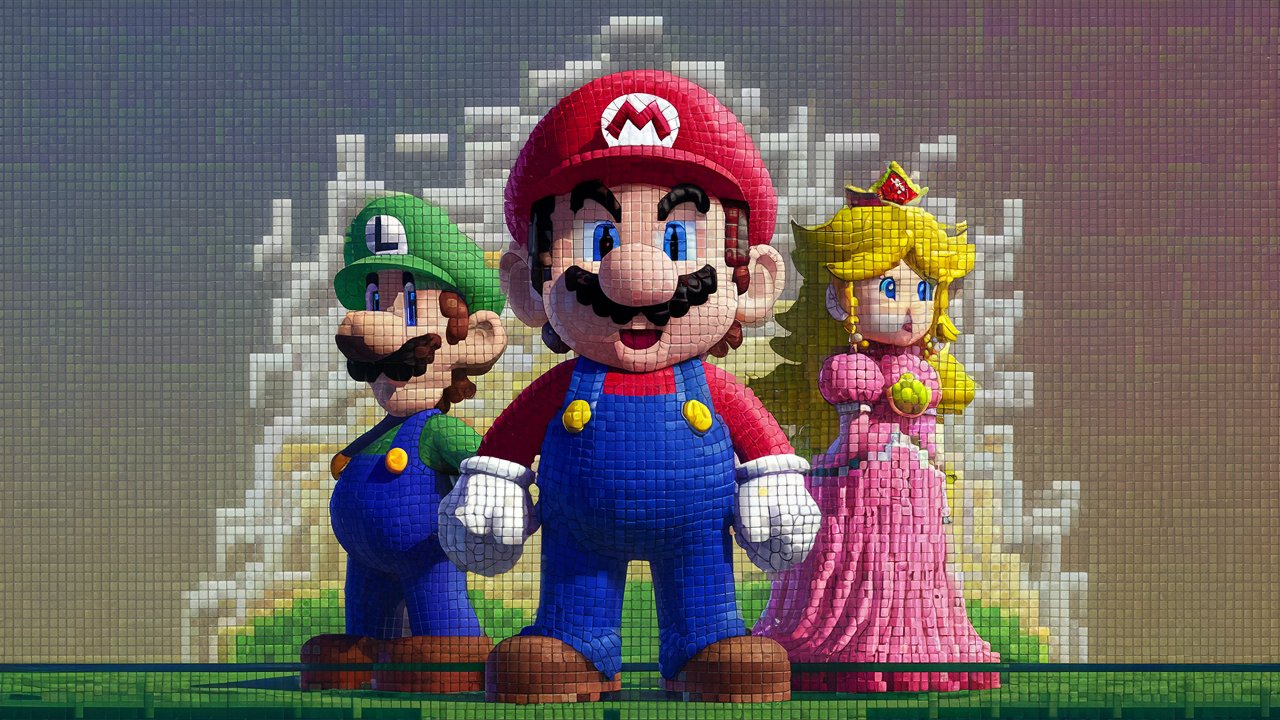 Colorful Mosaic Super Mario Bros Characters on Solid Background