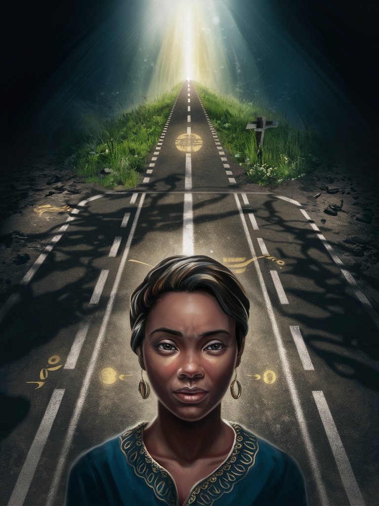 A captivating digital painting depicting a beautiful ethnic woman standing at a crossroads, where a straight and narrow road illuminated by a divine light symbolizes the path of Jesus and spiritual enlightenment. The road is paved with symbols of faith and forgiveness, offering a clear direction towards inner peace and redemption. Shadows of materialistic desires and worldly distractions linger on the sidelines, beckoning her towards temptation and deviation from the righteous path. The woman's expression exudes a sense of inner conflict and contemplation as she grapples with the choice between following the illuminated road to spiritual fulfillment or getting lost in the darkness of earthly pleasures, highlighting the eternal struggle between faith and temptation.