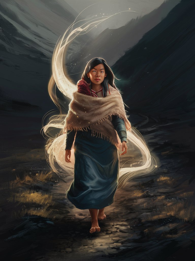 Create a digital painting of a Christian beautiful ethnic woman walking through a valley of shadows with a guiding light leading the way, symbolizing the promise of God's protection and provision in times of darkness and uncertainty.