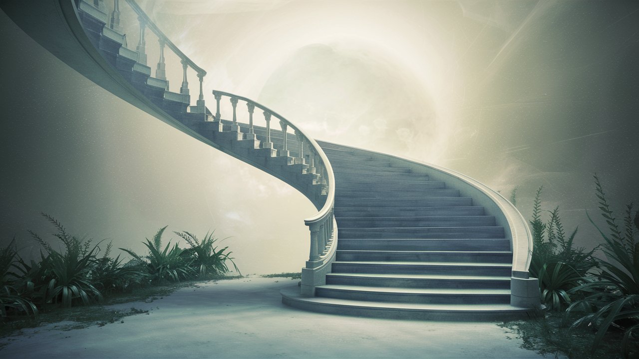 Slightly Curving grand staircase off to one side disappearing upward elegant green plants no furniture heavenly ethereal cosmic