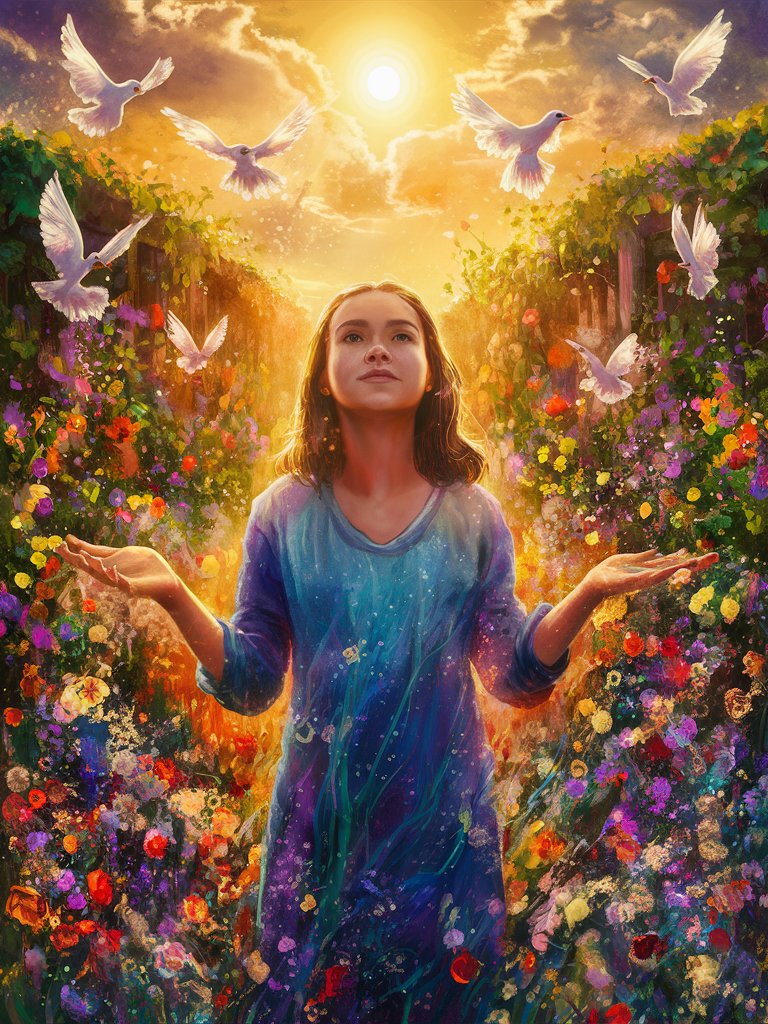  A digital painting of a young woman with a peaceful expression, standing in a colorful garden bathed in the golden light of the setting sun, with doves flying above her head. The image symbolizes the beauty and grace of God's creation, as well as the sense of peace and freedom found in faith.