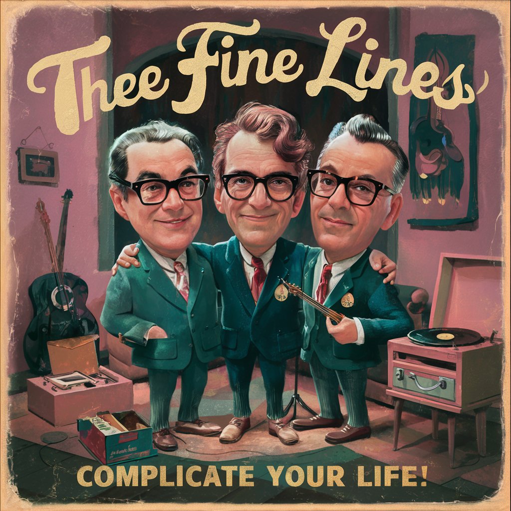 1960s album cover three different 40 year old male band members in glasses, words "Thee Fine Lines" album cover, words "complicate your life!" at bottom, faded pink and brown