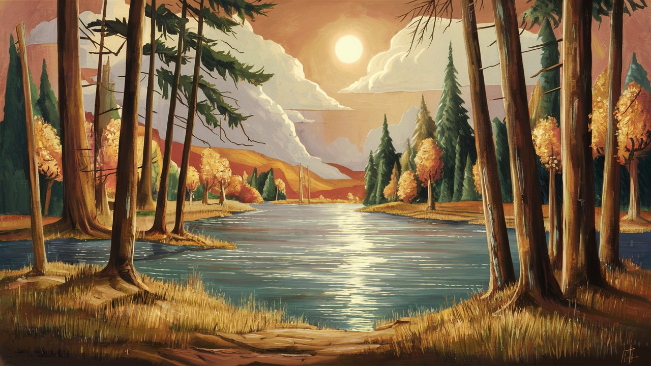 Mid Century Style Painting of Lake with Tall Trees in Orange Green Blue and Brown Colors