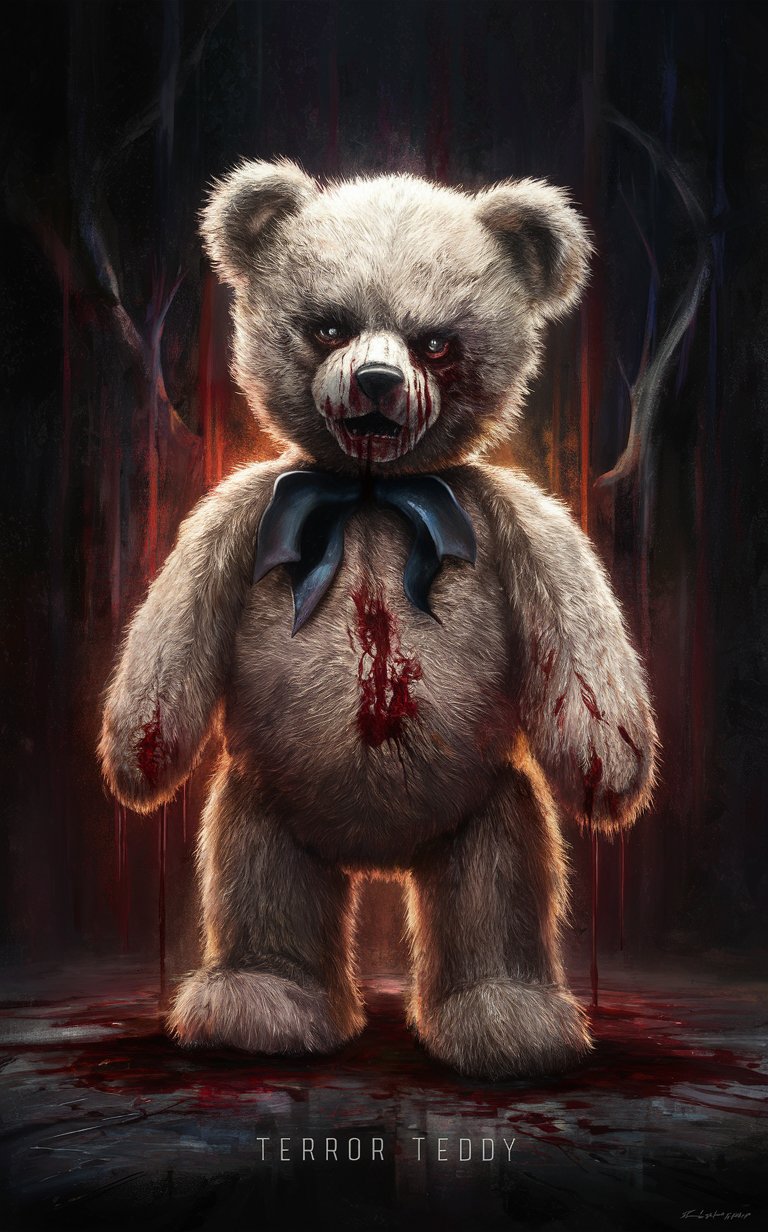 16k4d art rfktrstyle Terror Teddy bear,  (terror Pose), perfect form, perfect composure, perfect form,Studio Photography, Scary Creepy (Grisly) Ominous, Painted with Vibrant Oils, (Illustration)
