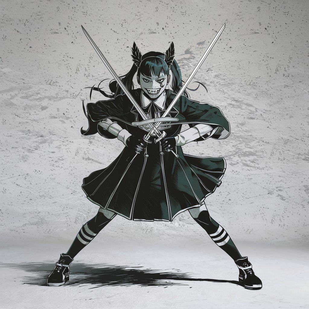 teenage anime girl who is holding two crossed swords and standing in a fight pose stance; she is a gothic evil character; in the style of a comic book; white outline; plain background