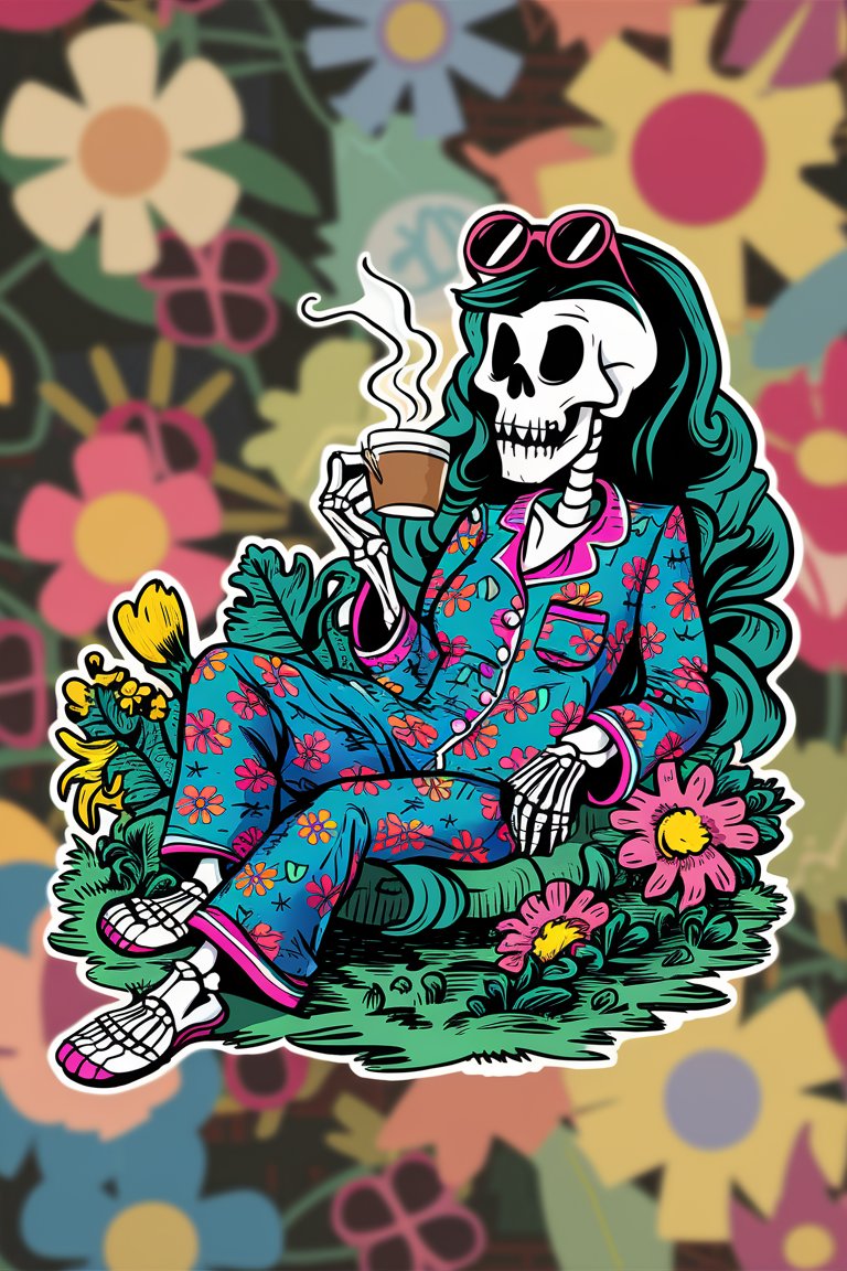 A tarot card about Skeleton Mom drinking coffee and wearing flower pajama, flowers background, groovy, retrostyle, illustration, colorful